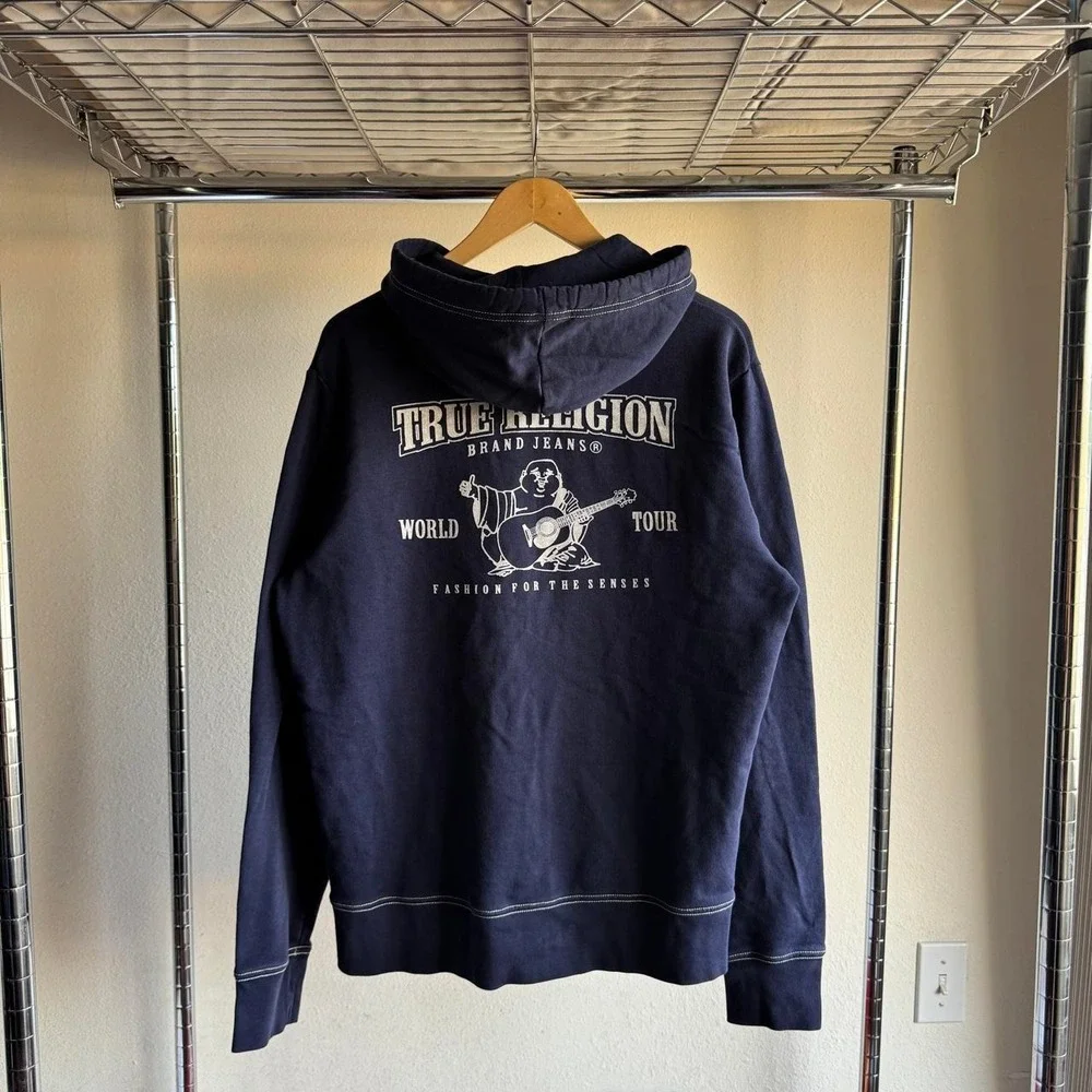 True Religion Navy Zip Up Hoodie World Tour Buddha Graphic XL Contrast Stitching